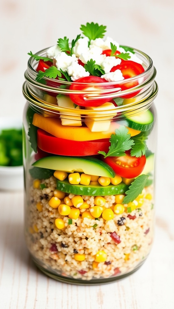 A colorful quinoa jar salad with layers of quinoa, cherry tomatoes, cucumber, bell peppers, corn, avocado, and feta cheese.